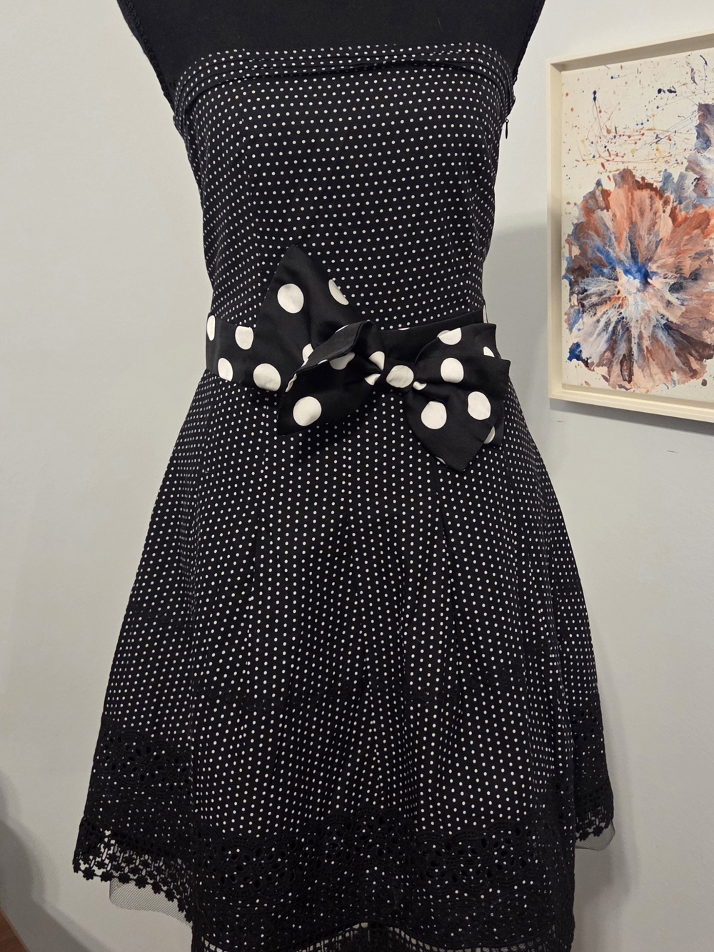 Black Polka Dot Strapless Dress with Bow Belt